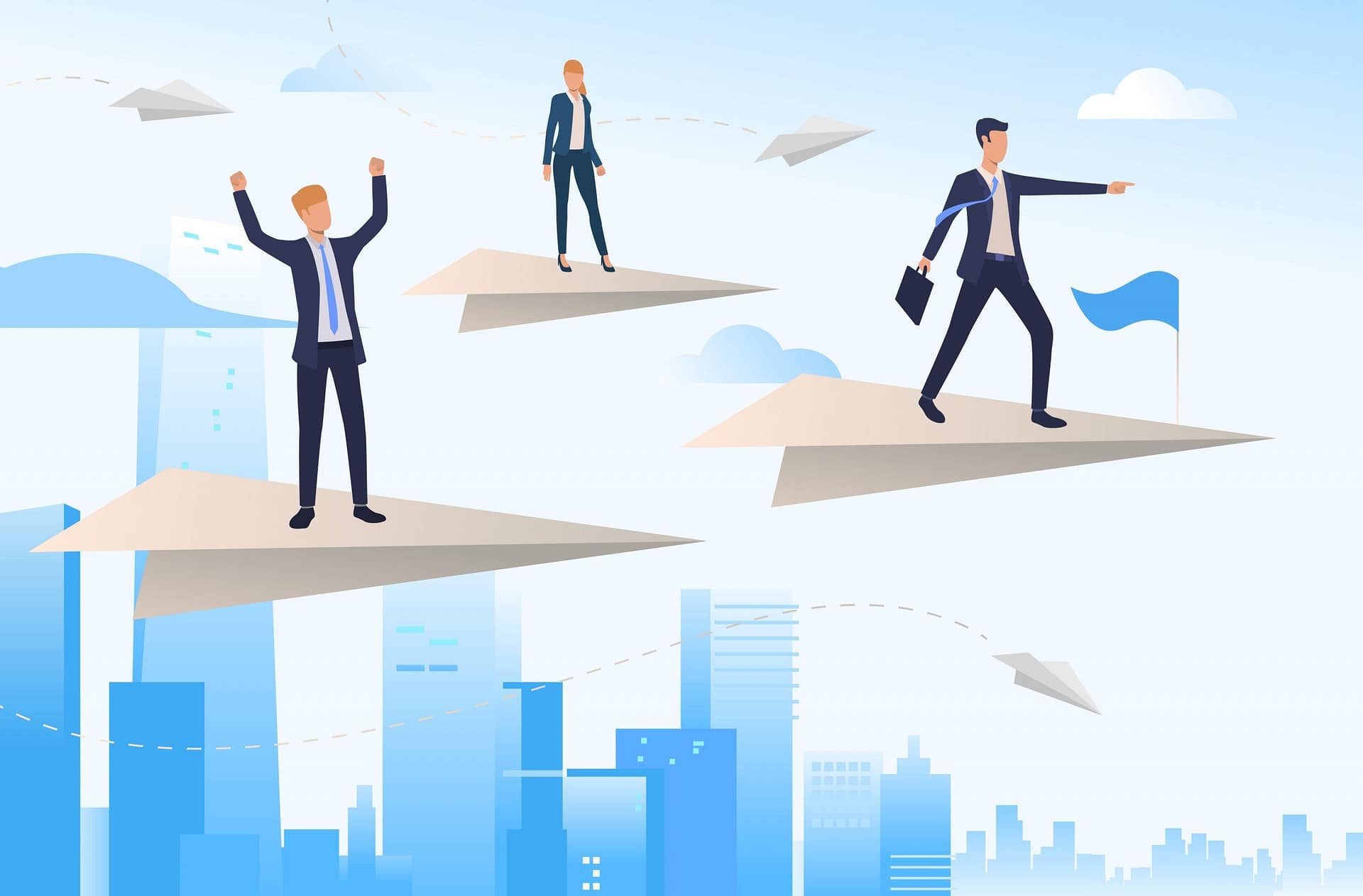 Business people standing on paper planes